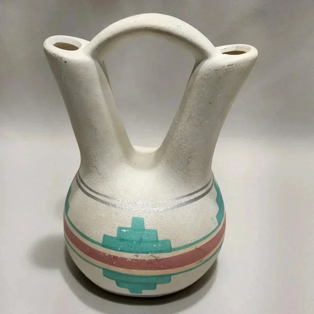 Vintage Hand Painted Wedding Vase/ Pitcher Southwestern White Blue Clay Pottery